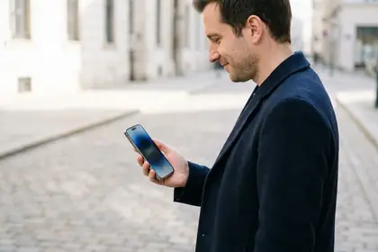 Client utilisant son smartphone reconditionné Nomophone, écran allumé, dans une rue